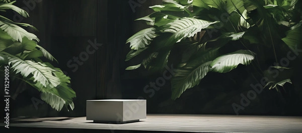 Fototapeta Minimal white podium with green leaves natural background for cosmetic products display, Empty natural platform