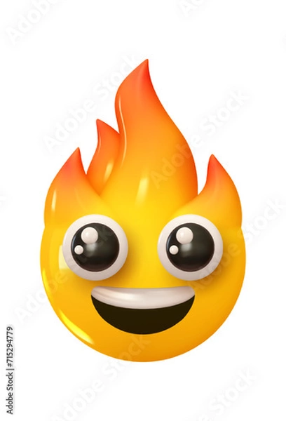 Fototapeta Emoji Smiling fire flames with big eyes. Emotion 3d cartoon icon. Yellow round emoticon. Vector illustration