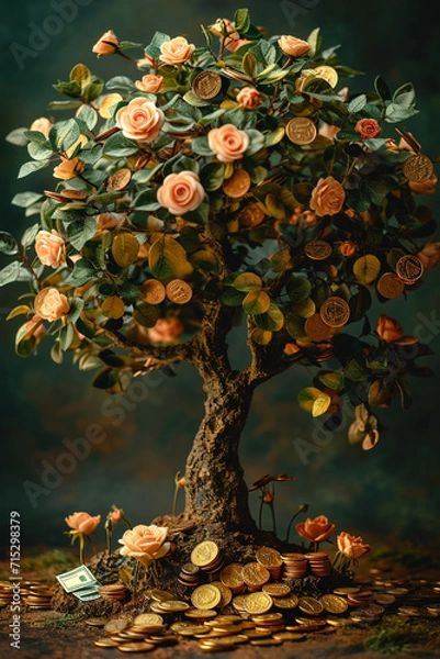 Fototapeta A depiction of a whimsical money tree, with coins and bills growing on its branches.