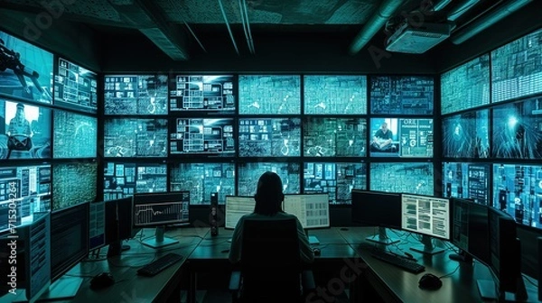 Fototapeta High-Tech Security Operations Center Monitoring Cyber Threats