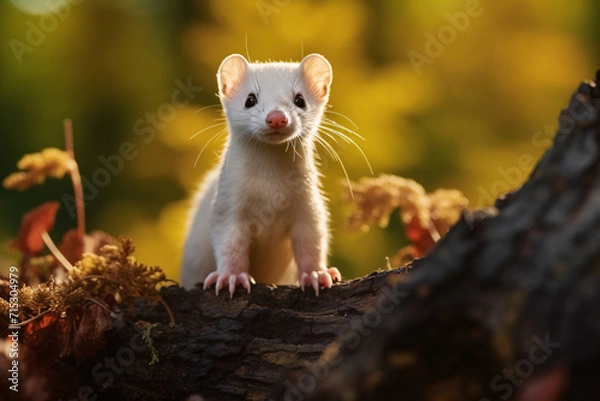 Fototapeta White wild weasel in forest