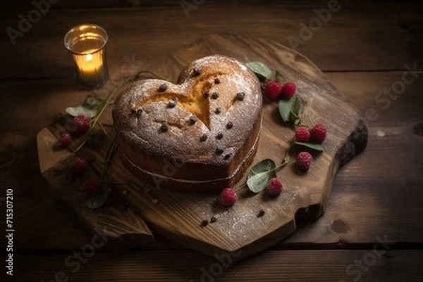 Fototapeta Heart-shaped cake displayed on a wooden table. Generative AI