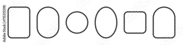 Obraz Vector rope frames. Silhouette borders are round, oval and square. Pack of isolated elements on a white background.