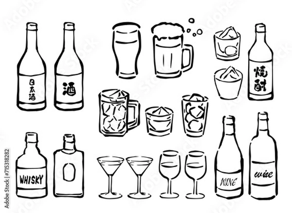 Obraz ドリンク・飲み放題・宴会飲み物・お酒の線画イラストセット