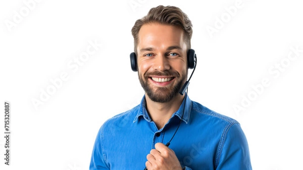 Obraz Smiling male customer support agent in a blue uniform looking towards the camera isolated background