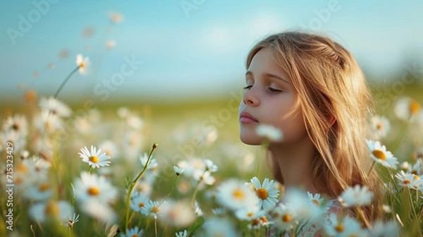 Fototapeta A girl in a field with flowers and a hat. Beautiful young brunette girl with straw hat walks in a field with a bunch of little daisies. Girl in daisies against the background of meadows.