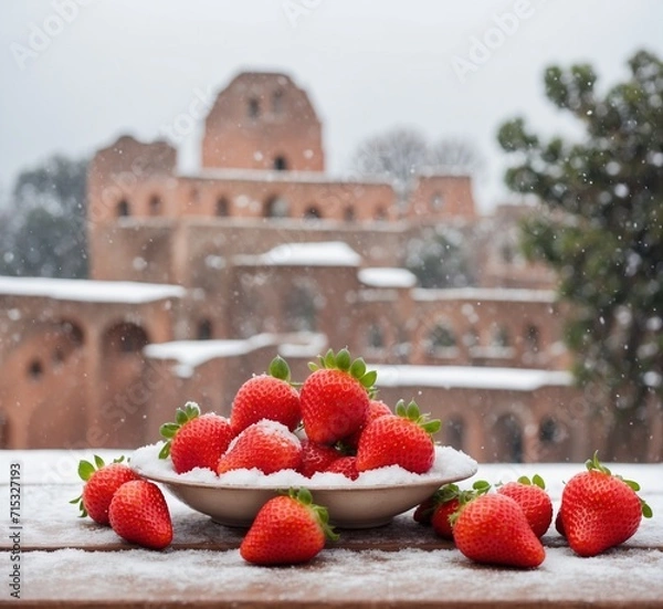 Obraz Strawberries in a bowl on a wooden table in the snowfall.