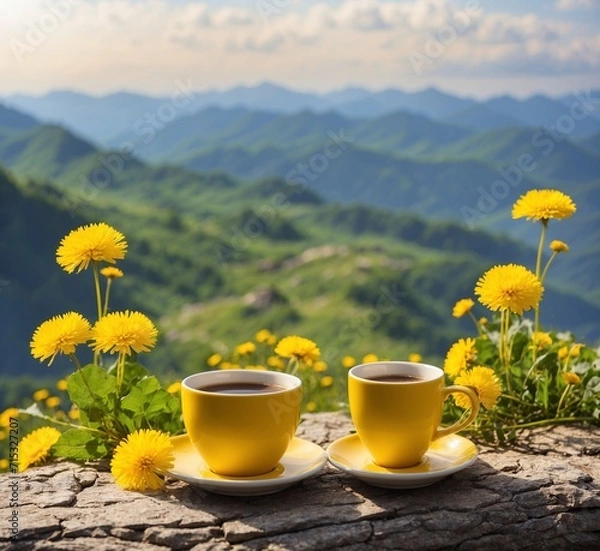 Obraz Cup of tea and dandelions in the background of the mountains