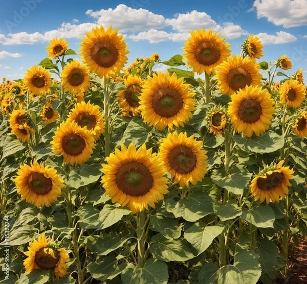 Obraz Sunflower field with blue sky and white clouds, natural background.