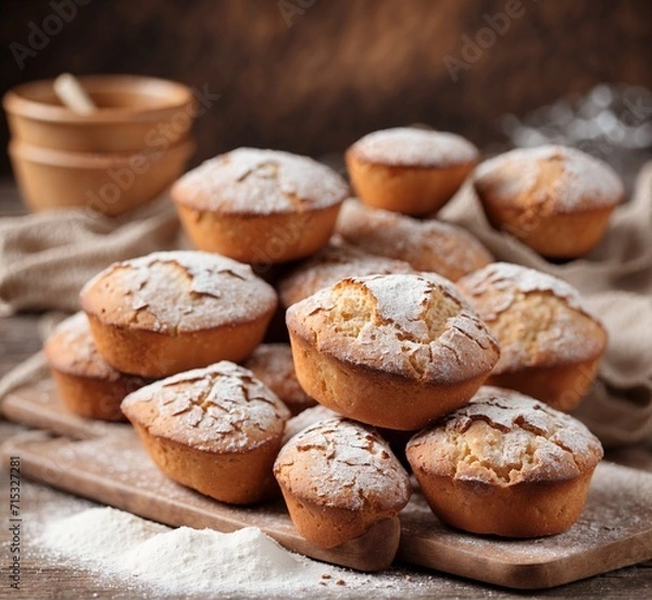 Obraz Muffins with powdered sugar on a wooden background. Selective focus.