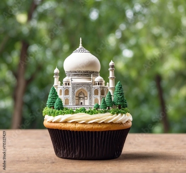 Obraz Miniature of Taj Mahal with tree and cupcake on wooden table