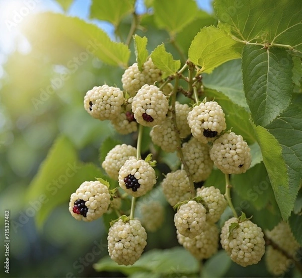 Obraz Branch of white mulberry with ripe berries on blurred background.