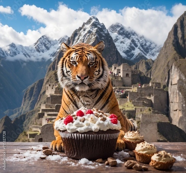 Obraz Tiger with cupcakes and snow in front of the mountains.