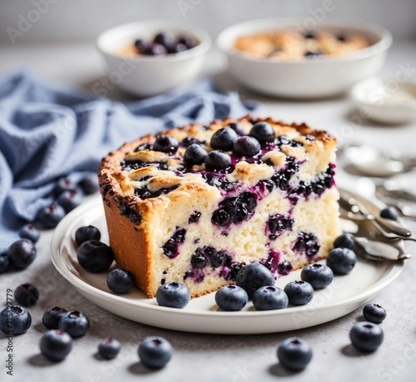 Obraz Blueberry cheesecake on a white plate with blueberries, square