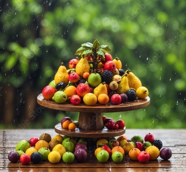 Obraz Mix of fresh fruits on a wooden table with raindrops and a green background