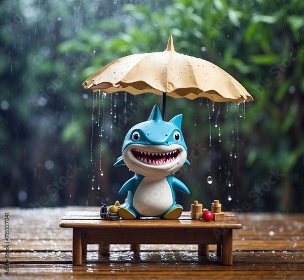 Obraz It funny toy crocodile with an umbrella on a wooden table in the rain.