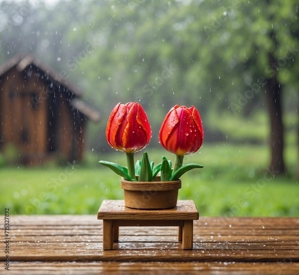 Obraz Red tulips in a vase on a wooden table in the garden with rain