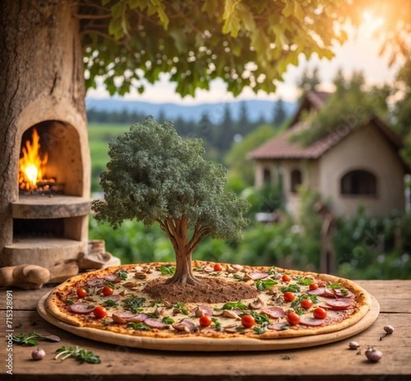 Obraz Pizza with salami, ham, and cheese on a wooden table in the garden