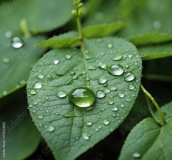 Obraz Water drops on green leaves. Nature background. Shallow depth of field.