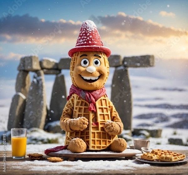 Obraz Snowman with a cup of coffee and cookies on a wooden background