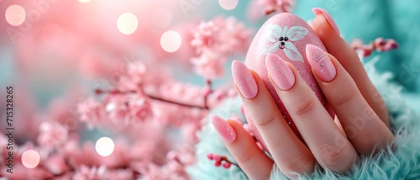 Obraz Woman's nails with beautiful manicure in Easter style with flowers and decorated egg. AI generated