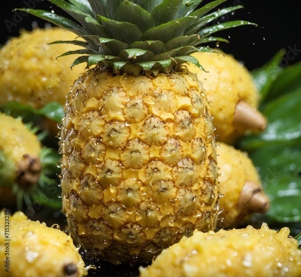 Obraz Pineapple with water drops on a black background. Close up.