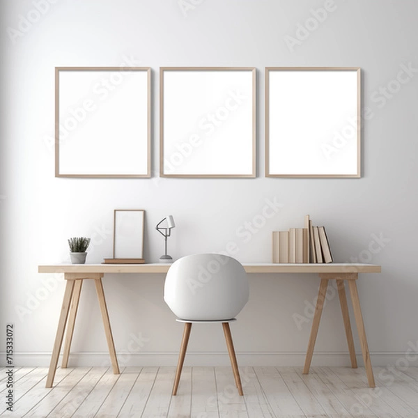 Fototapeta Three empty wall arts hang on the wall in a reading room mockup, minimal room with desk and chair, table lamp, indoor plants,