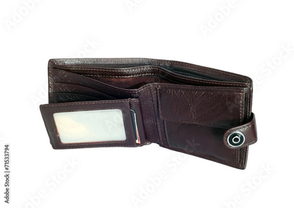 Obraz old shabby empty wallet on white background
