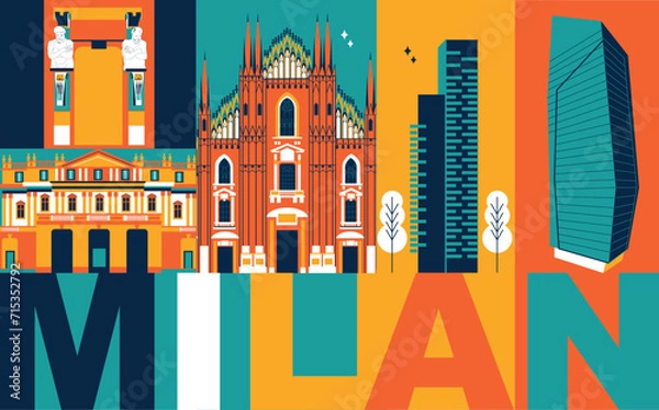 Obraz Typography word "Milan" branding technology concept. Collection of flat vector web icons. Italy culture travel set, famous architectures, specialties detailed silhouette. Italian famous landmark