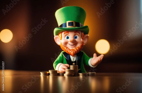 Obraz A small toy leprechaun with coins stands on a wooden table. st patrick's day concept
