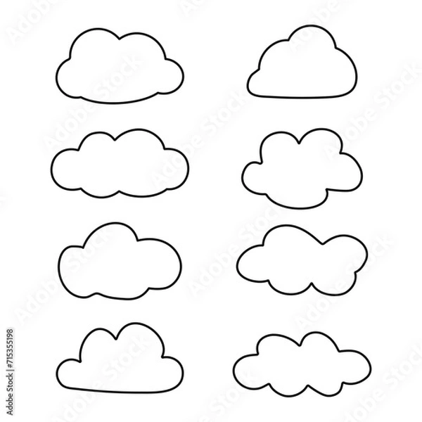 Fototapeta Vector Set of Black Contour Clouds isolated on white background.