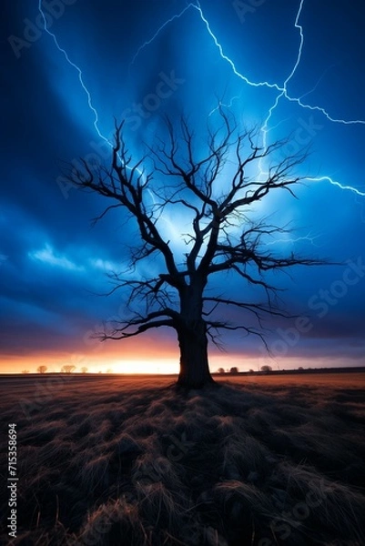 Fototapeta Electric skies: Lightning flashes behind a stark bare tree, a captivating dance of nature's power and solitude.
