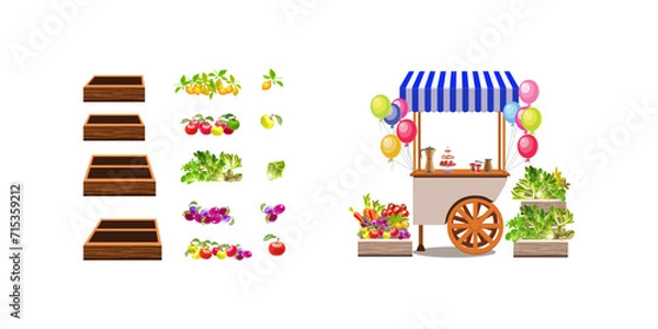 Obraz Trading tray on wheels with vegetables. Boxes for fruits and herbs. Fair. Holiday, balloons. Cartoon Vector illustration.