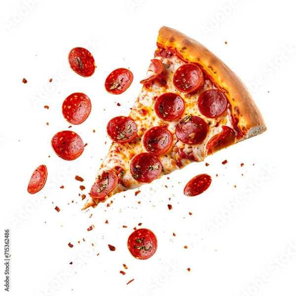 Fototapeta Flying slice of Pepperoni Pizza flying falling isolated on white transparent background, top view, ultra realistic, PNG