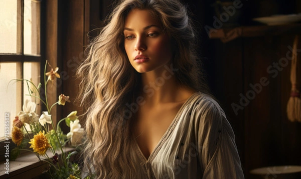 Fototapeta Serene Beauty in Rustic Setting, Ethereal Woman with Flowing Hair by Window Light with Vase of Wildflowers