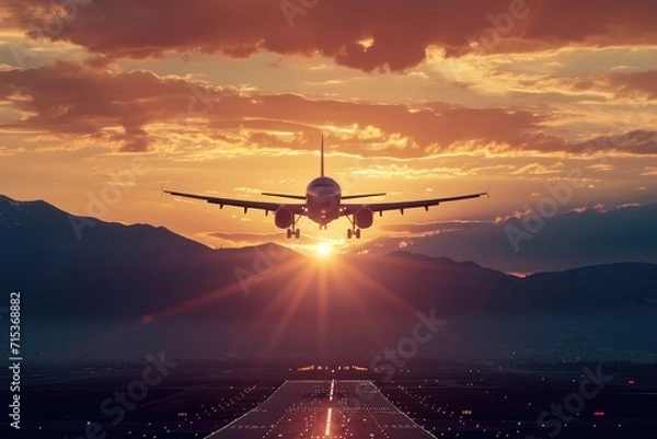 Fototapeta Golden takeoff towards a sustainable future, airplane soaring at sunset with mountains.