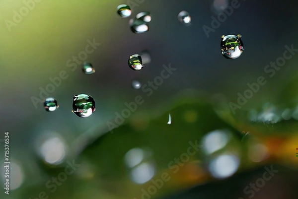 Obraz Water drops against a green background are used as scene illustrations and work.
