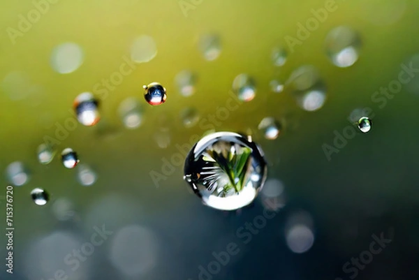 Obraz Water drops against a green background are used as scene illustrations and work.