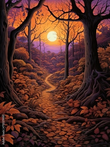 Fototapeta Sunset Painting: Cozy Autumn Leaf Paths Twilight Landscape with Scenic View