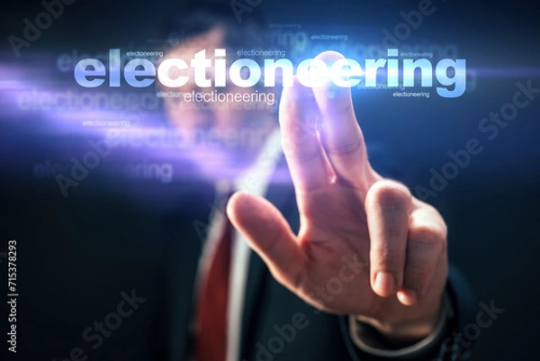Fototapeta Politician pushing virtual screen interface with word Electioneering