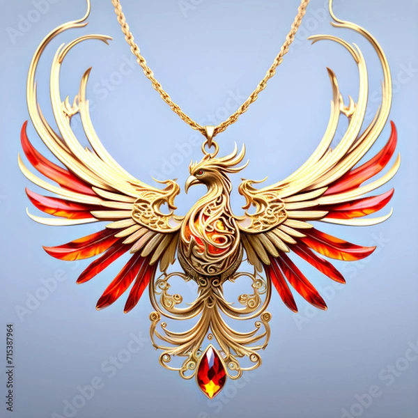 Obraz beautiful gold phoenix eagle charm/pendant/necklace with flaming gem feathers hanging on a golden chain - studio shot jewelry