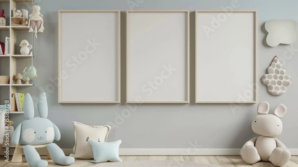 Fototapeta Mock up frame in neutral unisex children room interior background. Generative Ai