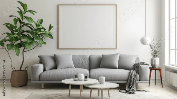 Fototapeta Mockup frame in Scandinavian living room interior with grey sofa, table and decor. Generative Ai