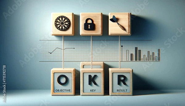 Obraz OKR Blocks-Aligning Objectives and Results in Business. Representation of the OKR framework with darts a key and a growth chart emphasizing the alignment of business objectives with measurable results