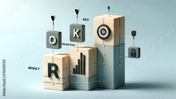 Obraz OKR Visualization- Objectives, Key Actions, and Results.3-dimensional OKR concept blocks depicting objectives key actions and results to illustrate goal-setting and achievement in business management.
