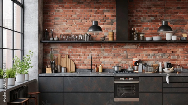 Fototapeta Wall mockup in loft, kitchen in industrial style. Generative Ai