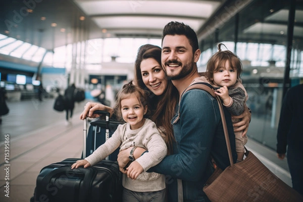 Fototapeta A happy travelling family who is coming out of an airport gate.