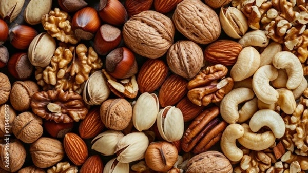 Obraz Background with different varieties of nuts. Top view of various nuts