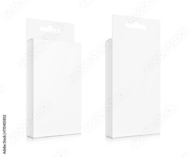 Fototapeta White package box with hang slot mockup for electronic and mobile accessories. Half side views. Vector illustration isolated on white background. Ready and simple to use for your design. EPS10.