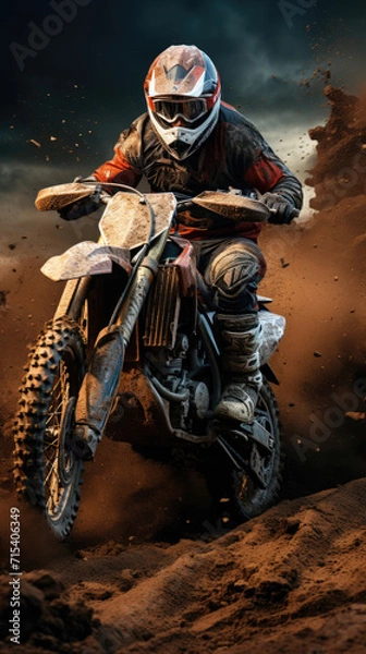 Obraz Motorcyclist on a motocross motorcycle in dust and dirt